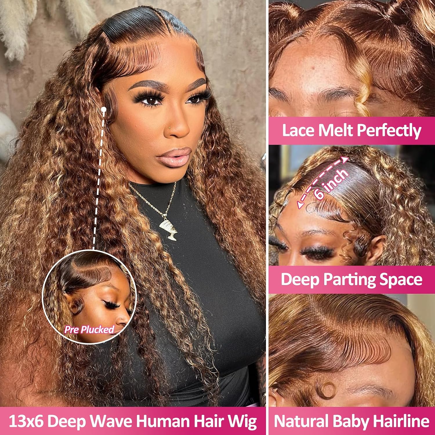 30 Inch 13x6 Honey Blonde Deep Wave Lace Front Wigs Human Hair 200 Density HD Lace Front Glueless Wigs Ombre Human Hair Wig P4/27 Highlight Wig for Women Pre Plucked with Natural Hairline