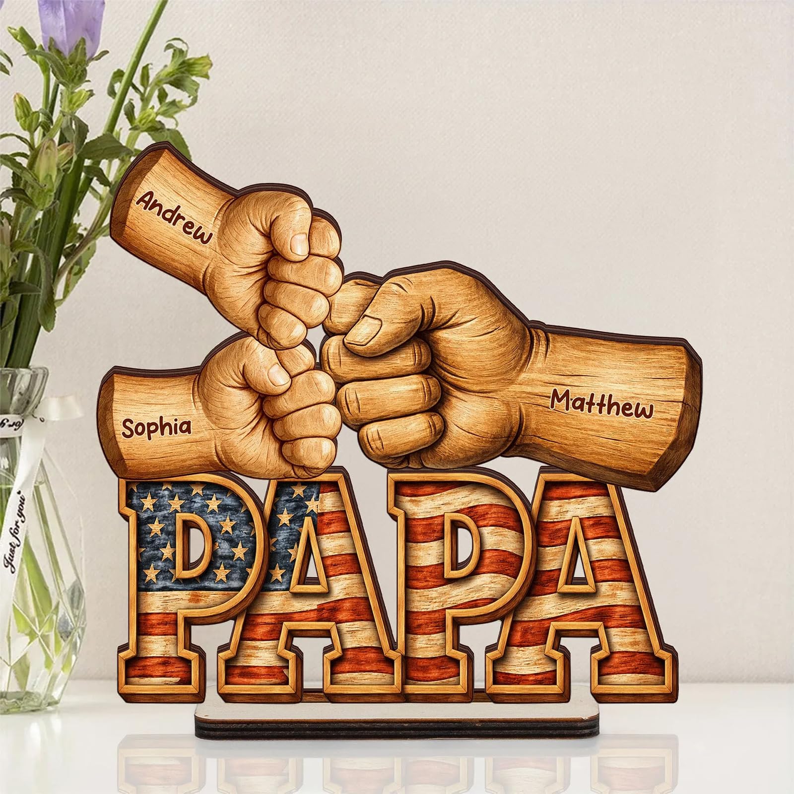 Personalized Wood Plaque for Dad, Custom Dad Fist Bumps with Kids Names, Fathers Day Daddy Grandpa Birthday Gift From Kids, Family Keepsake Papa Desk Decor