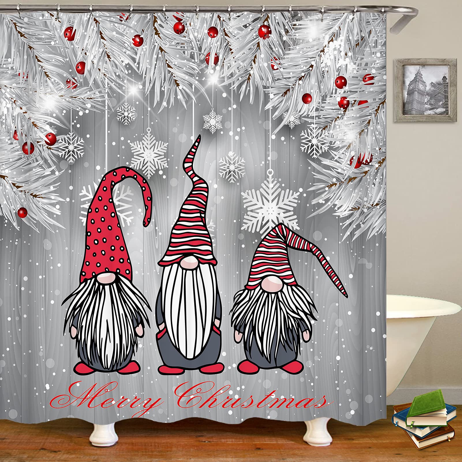 Christmas Gnome Shower Curtains for Bathroom, White Christmas Shower