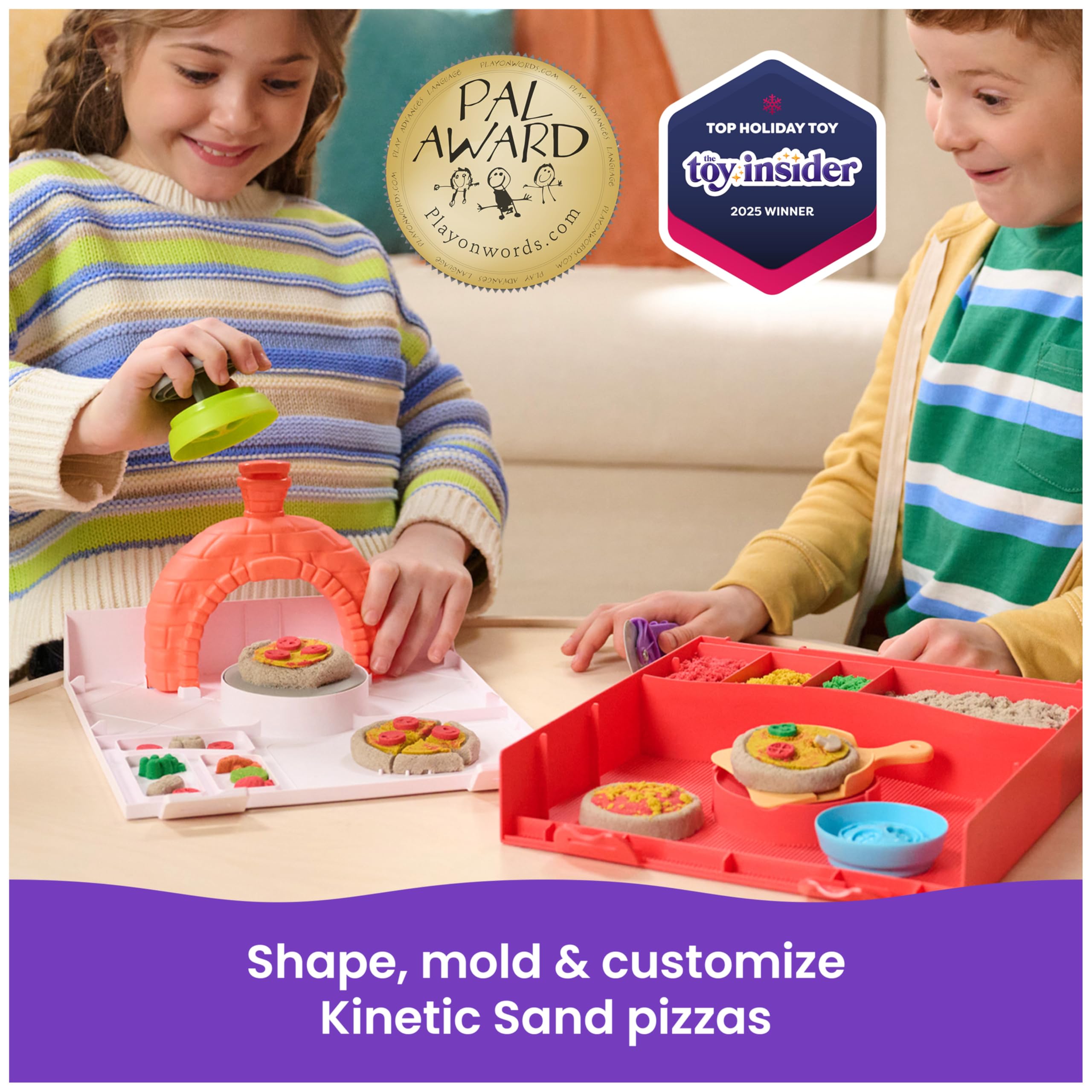 Kinetic Sand, zestaw SquishPizza Rising Pizza z 450 g piasku do zabawy i 5 narzędziami, zabawki dla dziewczynek i chłopców w wieku od 5 lat