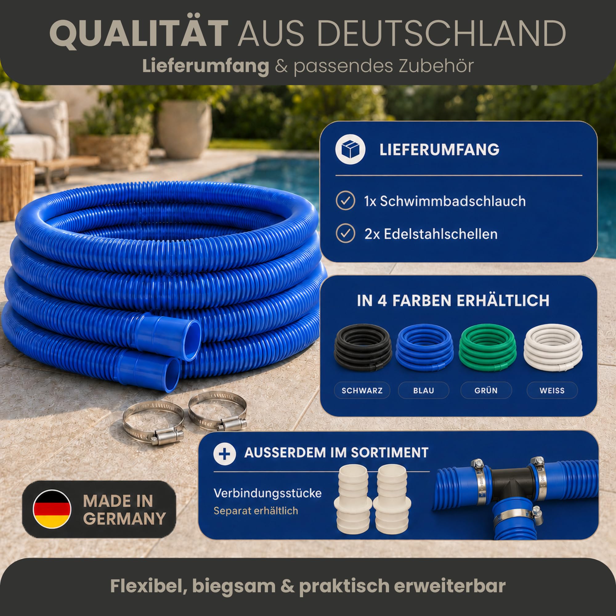 HAF® Tubo per piscina di alta qualità, 38 mm, blu, 15 m, per giardino e piscina, con 2 fascette stringitubo in acciaio inox, tubo per piscina, qualità Made in Germany