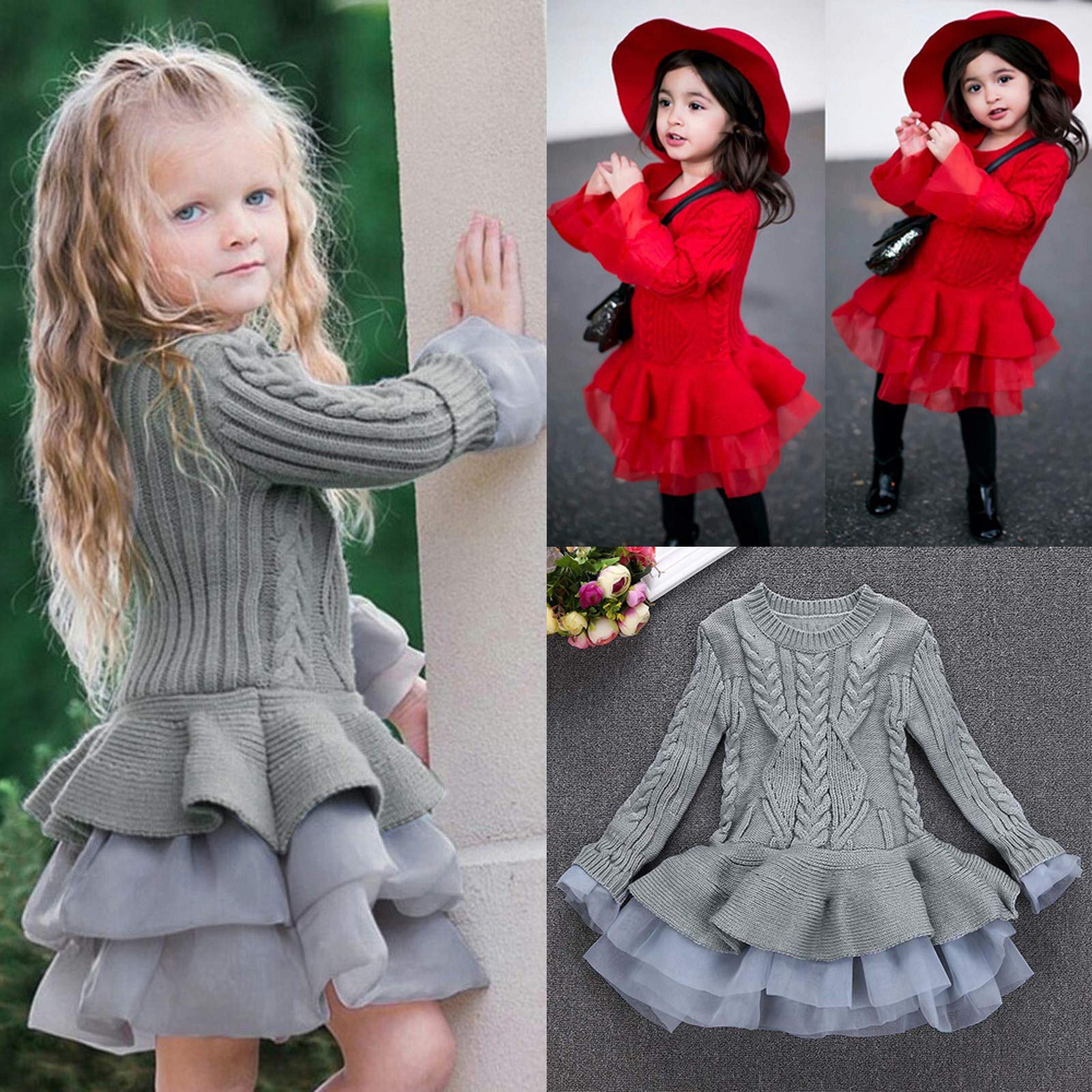 RNTOP Girls Sweater Dress Knitted Long Sleeve Pullover Cable Knit Crochet Ruffle Tutu Dress Kids Warm (Brown, 6-7 Years)
