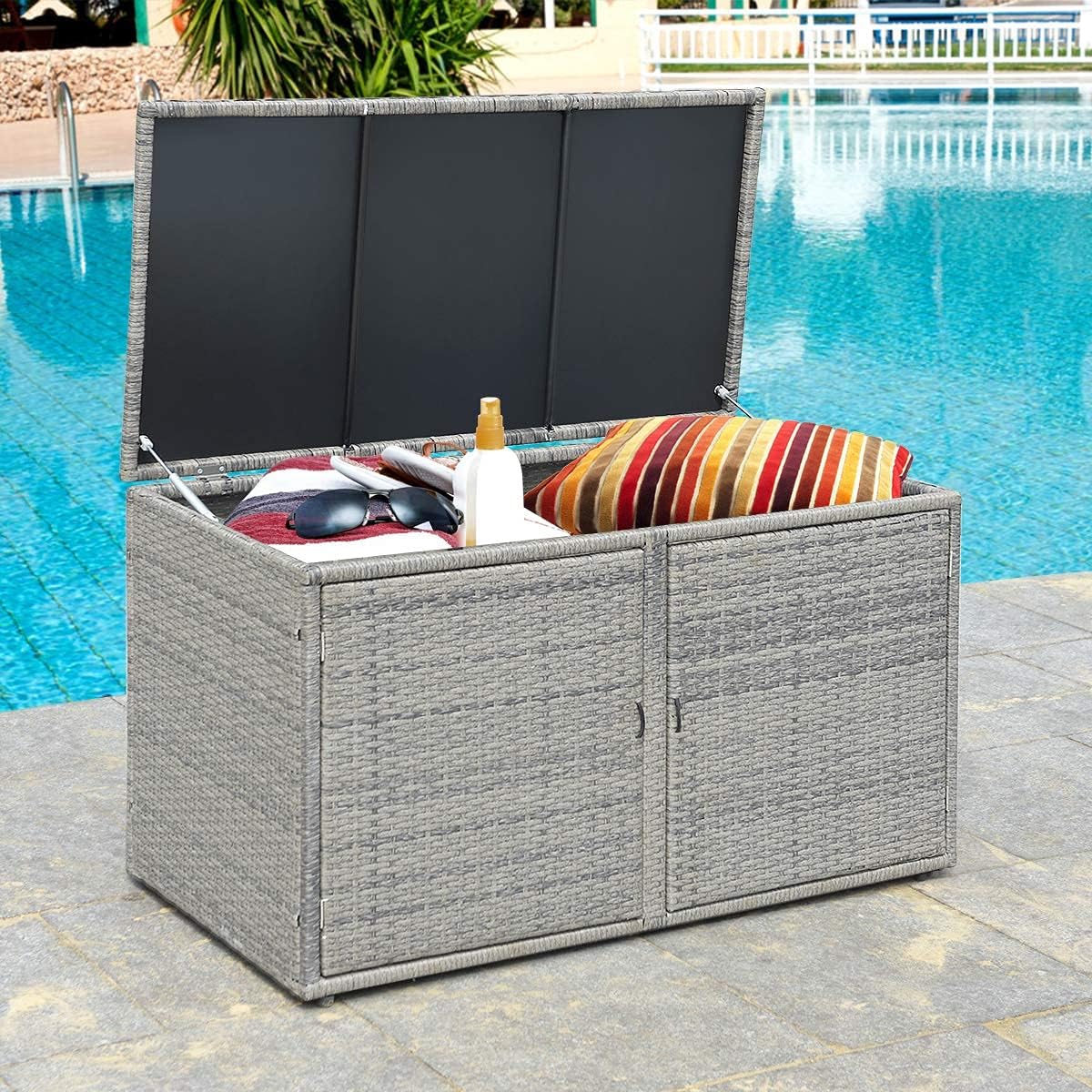 Rattan Storage Box w/2 Shelves, Wicker Storage Bench w/Lid & 2 Openable Doors, Rattan Cabinet Furniture Deck Box, Toys & Tools Cabinets for for Patio, Garden, Balcony, Porch, Yard (Color Gray)