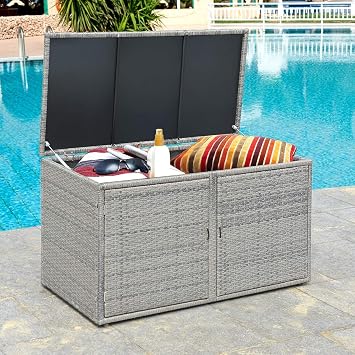 Rattan Storage Box w/2 Shelves, Wicker Storage Bench w/Lid & 2 Openable Doors, Rattan Cabinet Furniture Deck Box, Toys & Tools Cabinets for for Patio, Garden, Balcony, Porch, Yard Color Gray