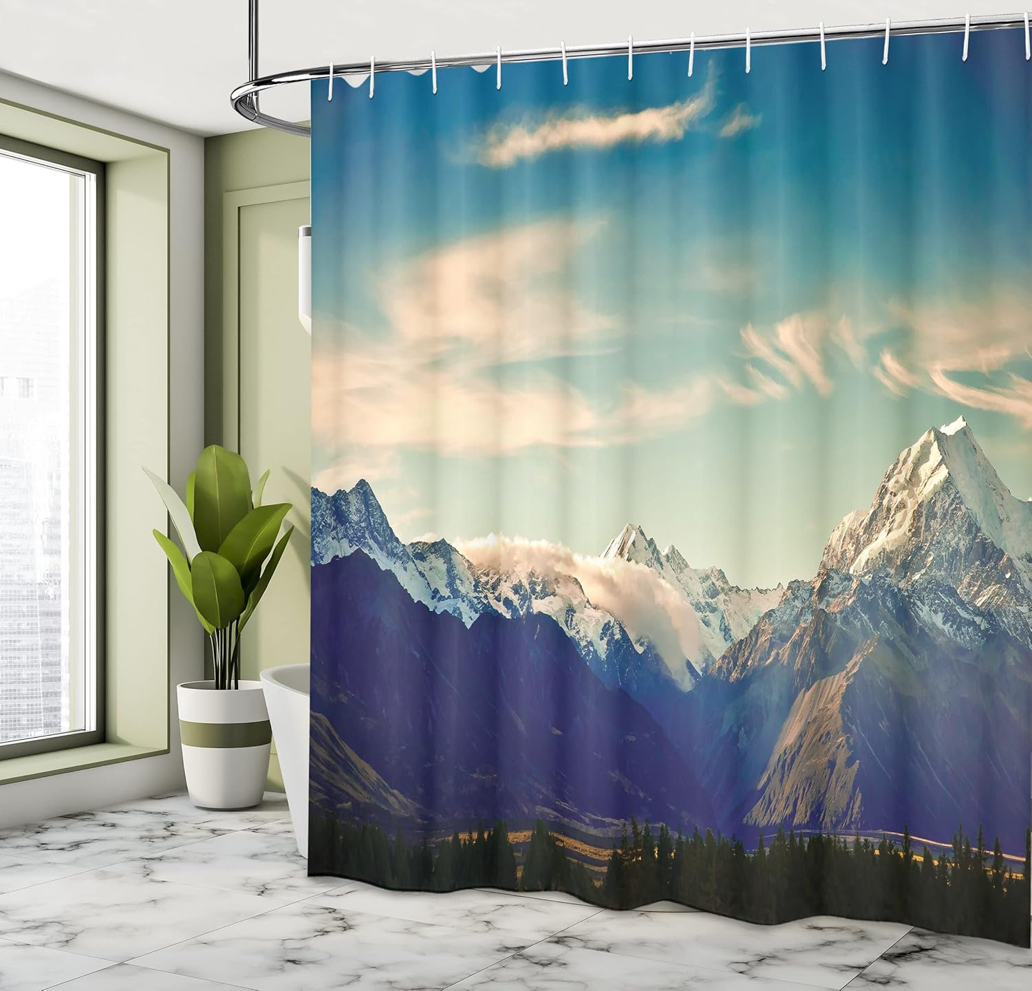 Ambesonne Nature Shower Curtain, New Zealand Scenic Nature Mountain Shot at Mount Cook National Park by Alpine Panorama, Cloth Fabric Bathroom Decor Set with Hooks, 69" W x 84" L, Sky Blue Dark Blue