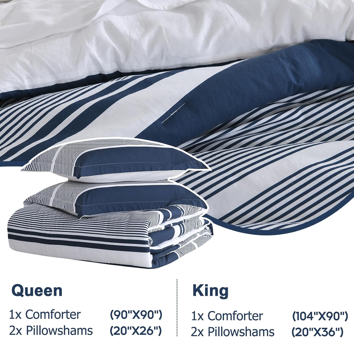 Finlonte King Size Comforter Set, Navy Blue White Striped Comforter, 100% Cotton Luxury Fluffy Cozy Bed Set, Modern Minimalist King Quilted Comforter All Season, 104" × 90", 3 Pieces