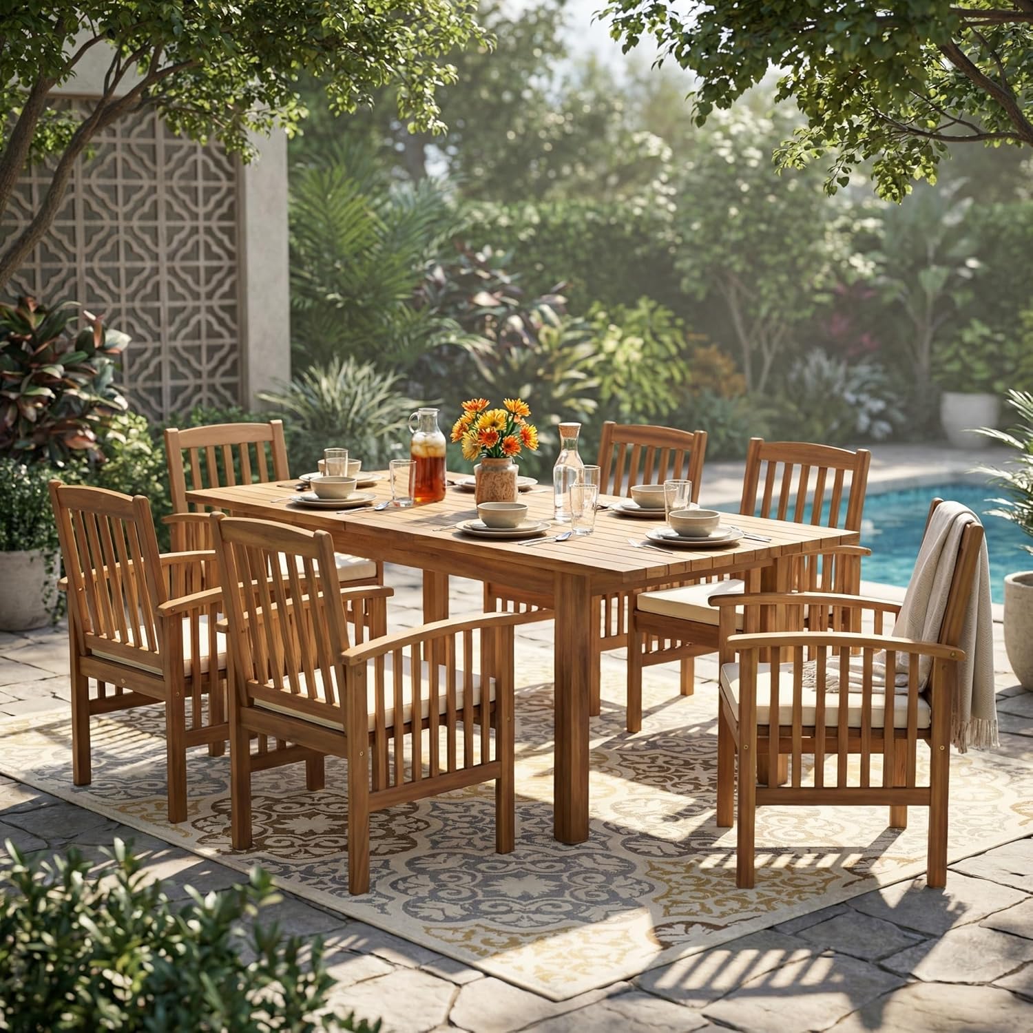 7 Piece Acacia Wood Outdoor Dining Set with Cushions, 6 Chairs and 1 Extendable Table, Teak Finish Patio Furniture for Lawn Backyard Garden Deck Poolside