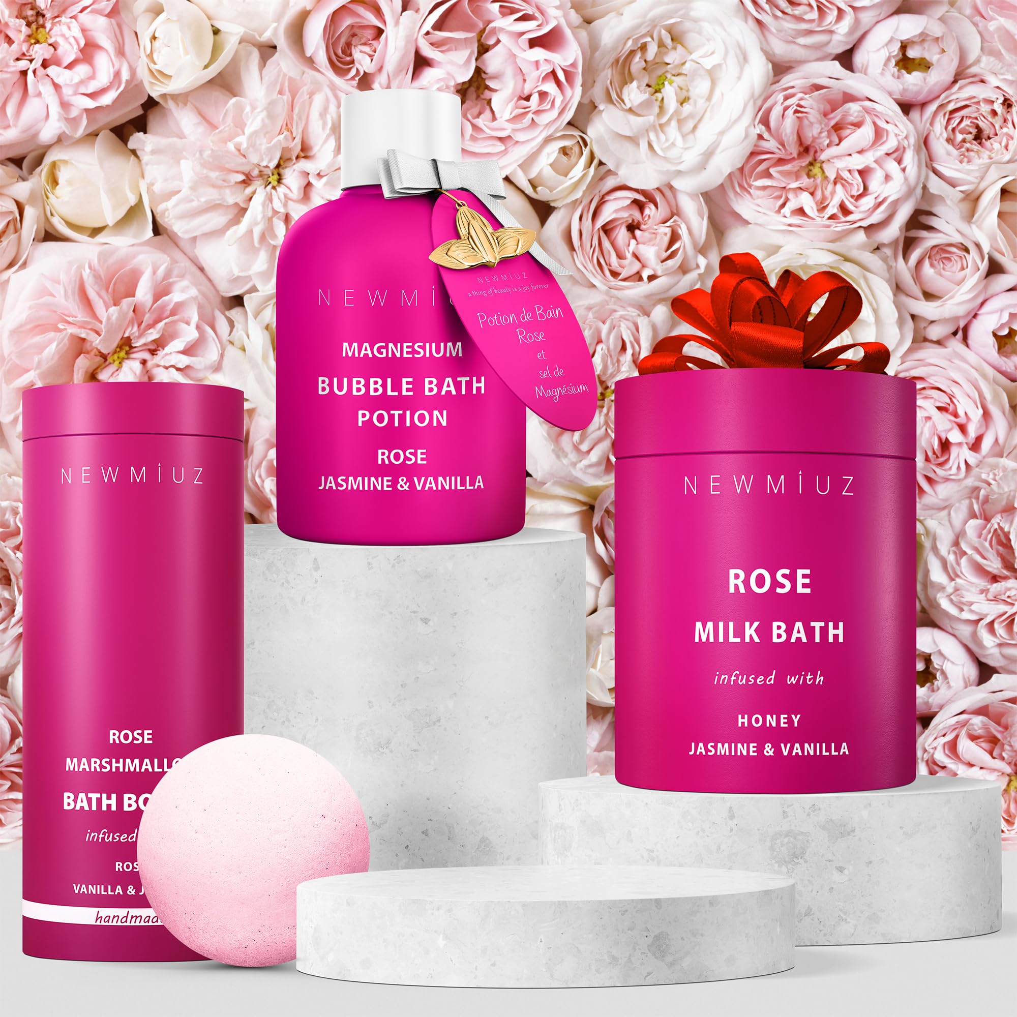 Magnesium Bubble Bath Rose Jasmine Vanilla Long Lasting Foam for Sore Muscles Epsom Salt Moisturizing Relaxing Stress Relief Spa Gift for Women