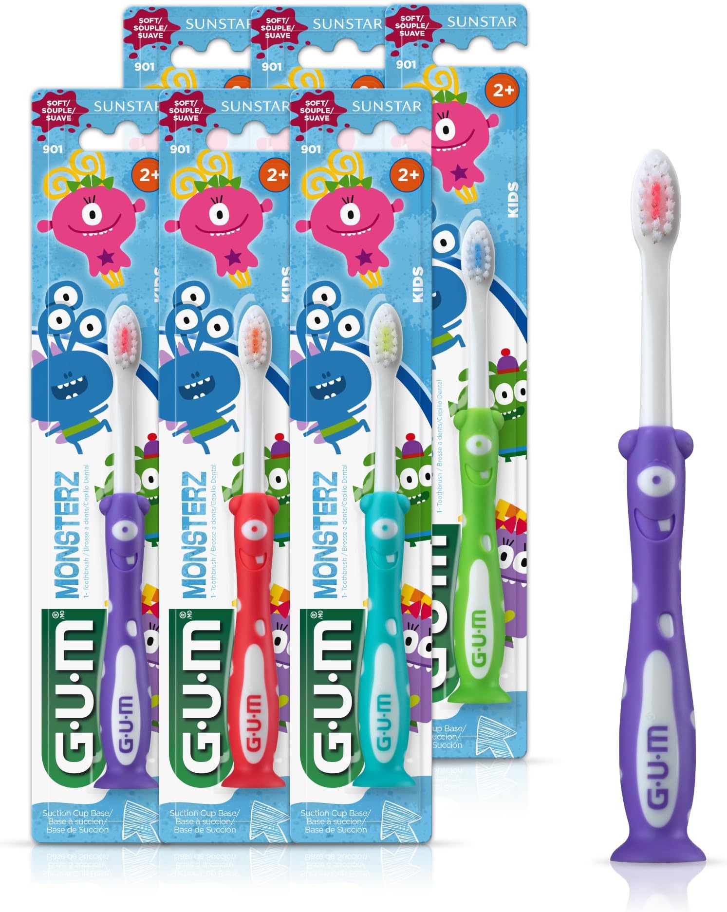 GUM Monsterz Children and Toddler Toothbrush, Soft Bristled Kids’ Toothbrush with Suction Cup, for Ages 2+, 1 Count(Pack of 6)