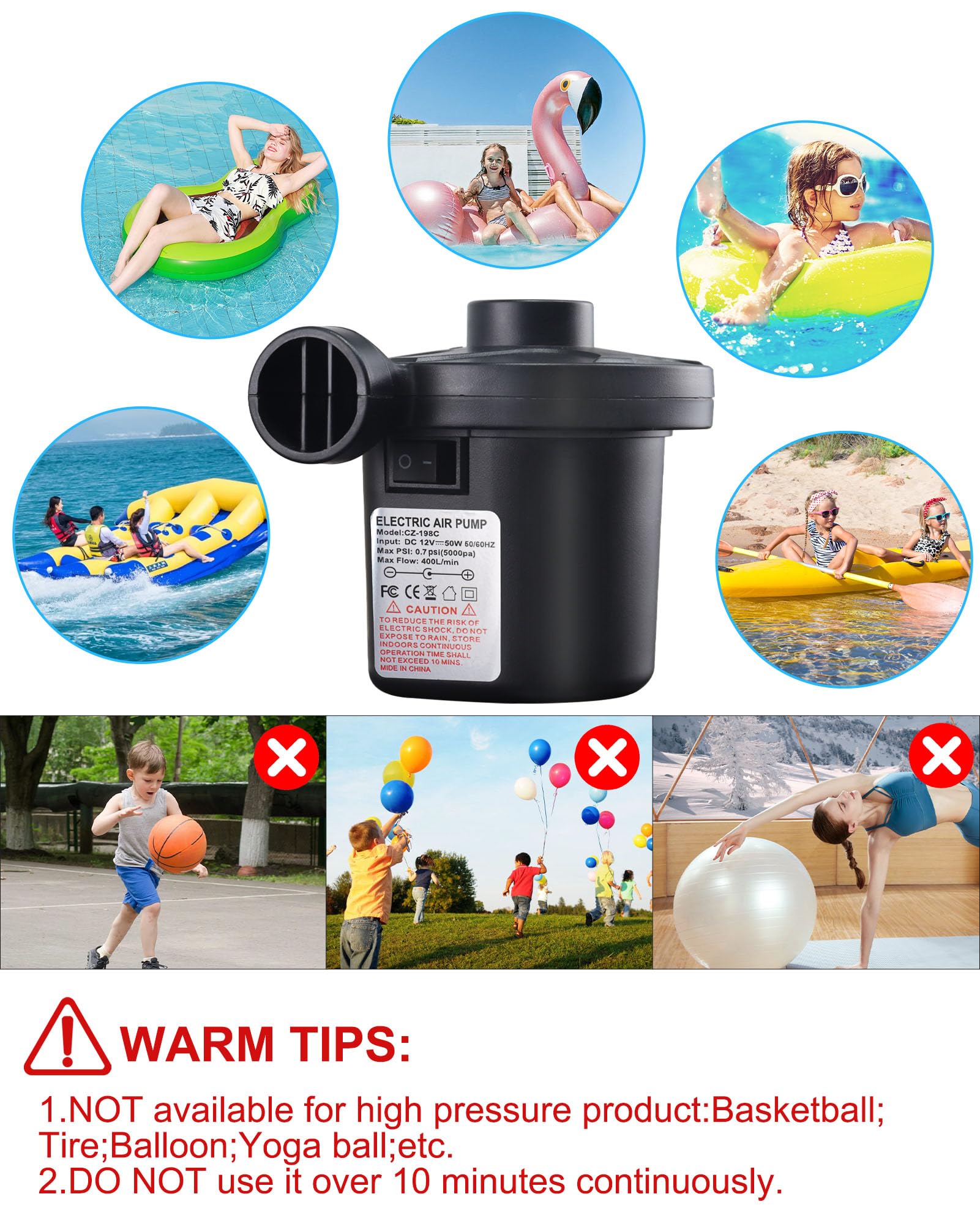 Pompa ad aria elettrica, pompa ad aria per materasso ad aria 2 in 1, pompa elettrica gonfiabile e scarico, pompa ad aria portatile elettrica per materasso, piscina, materasso ad aria, anello di nuoto