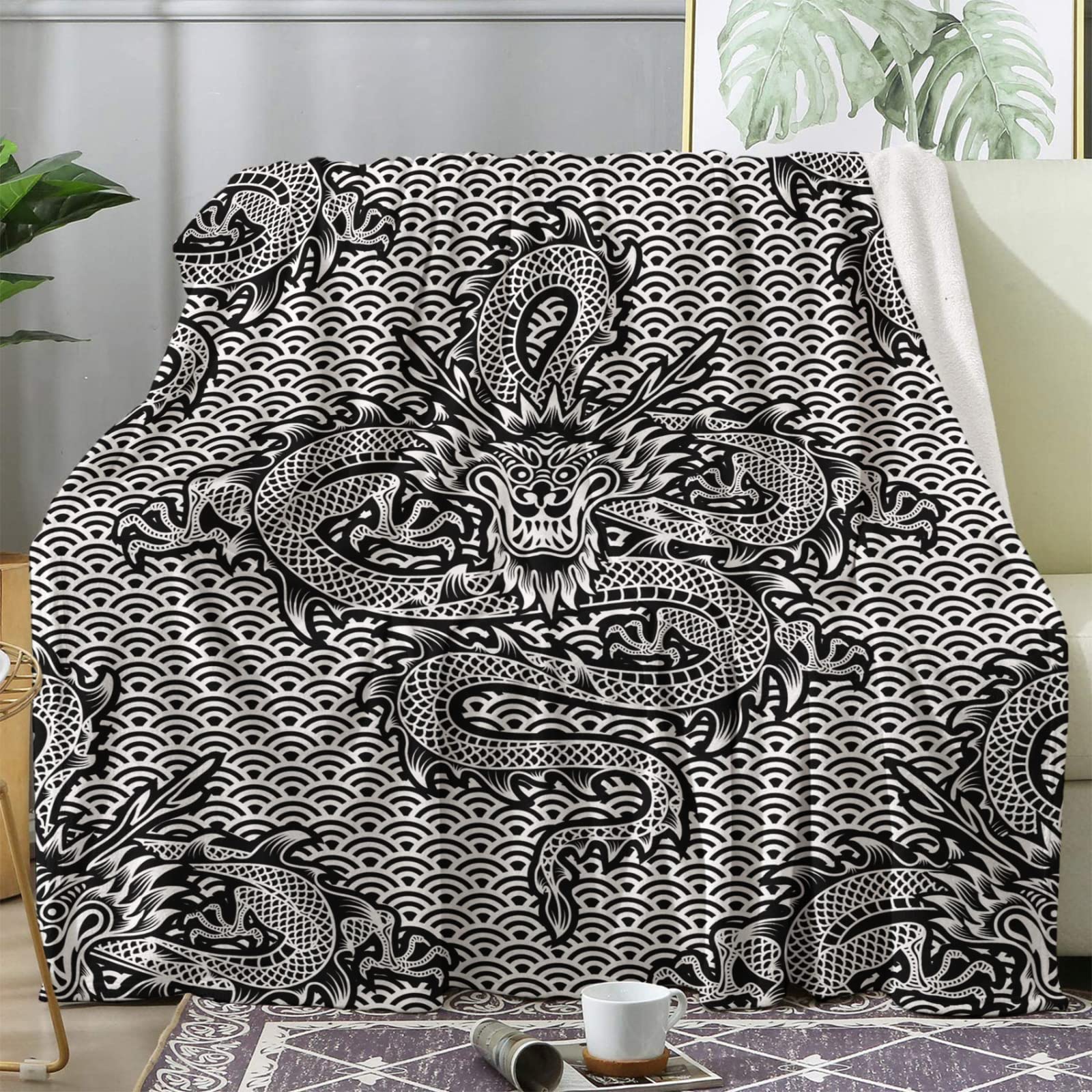 Coperta in pile con stampa drago mitico Coperte e plaid leggendario drago mitico adatto per biancheria da letto divano e viaggi 130x150 cm(50x60in