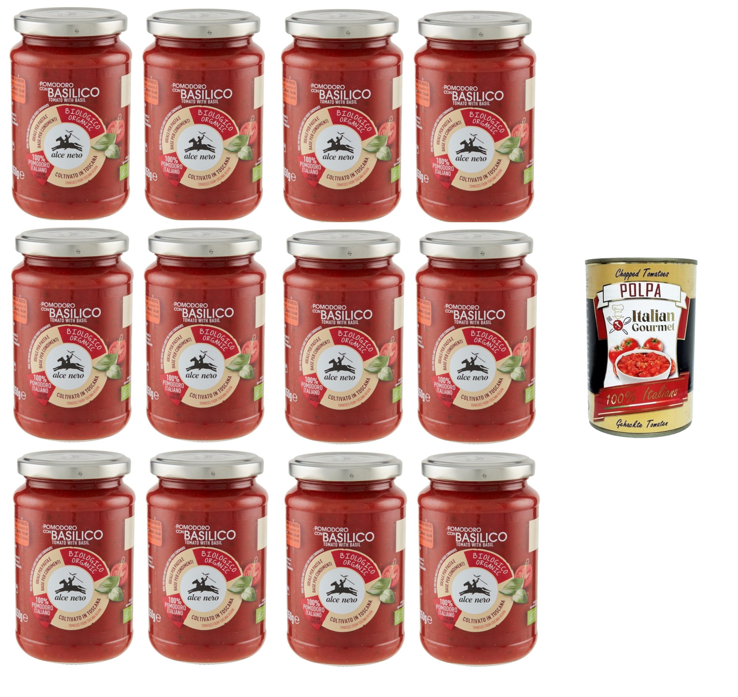 Alce Nero Pomodoro con basilico tomate con albahaca 12 x 350 g + polpa italiana gourmet 400 g