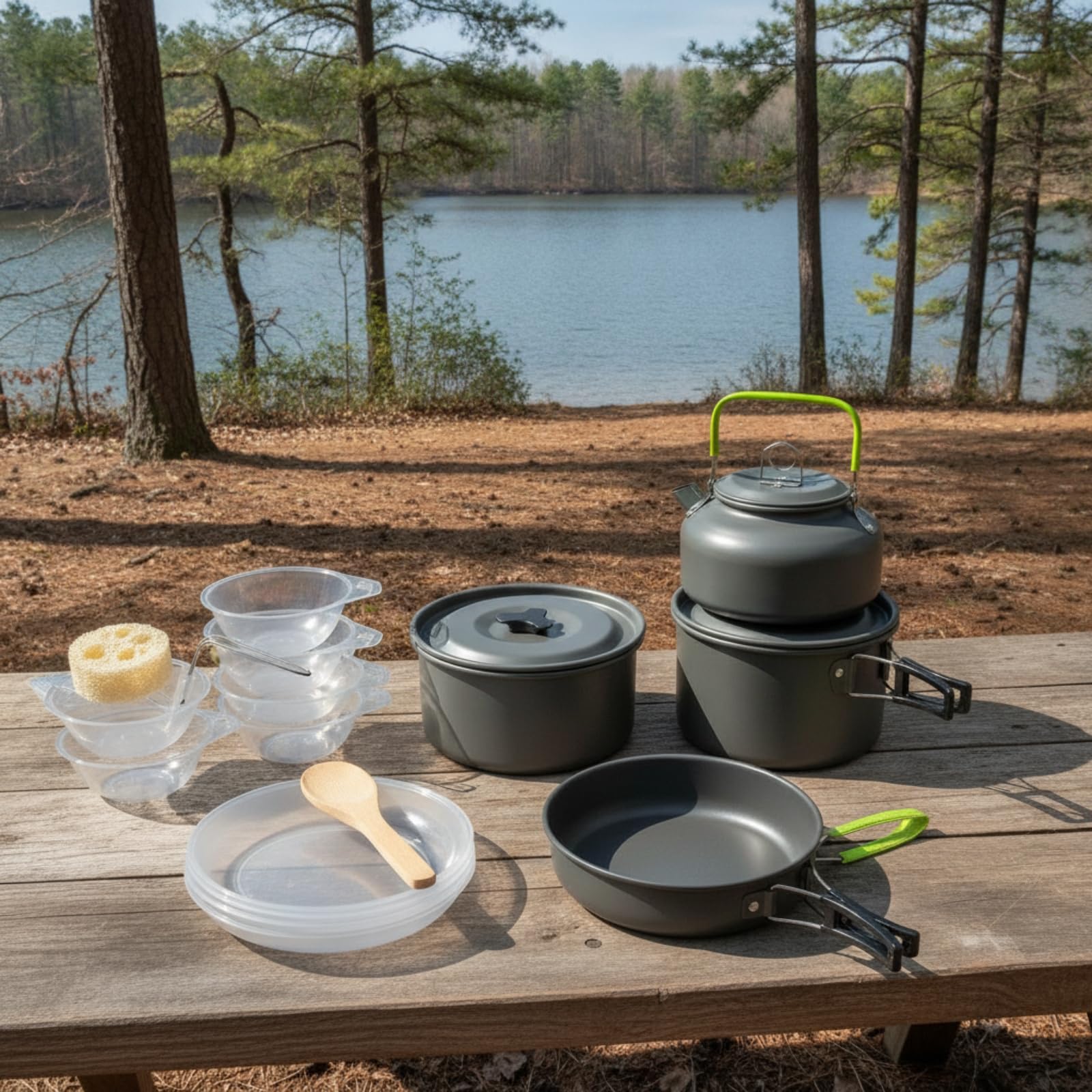 Baoblaze Ensemble Cuisson Camping avec Bouilloire Casserole Poêle Bols Plats Couverts pour Pique-nique Groupe Randonnée