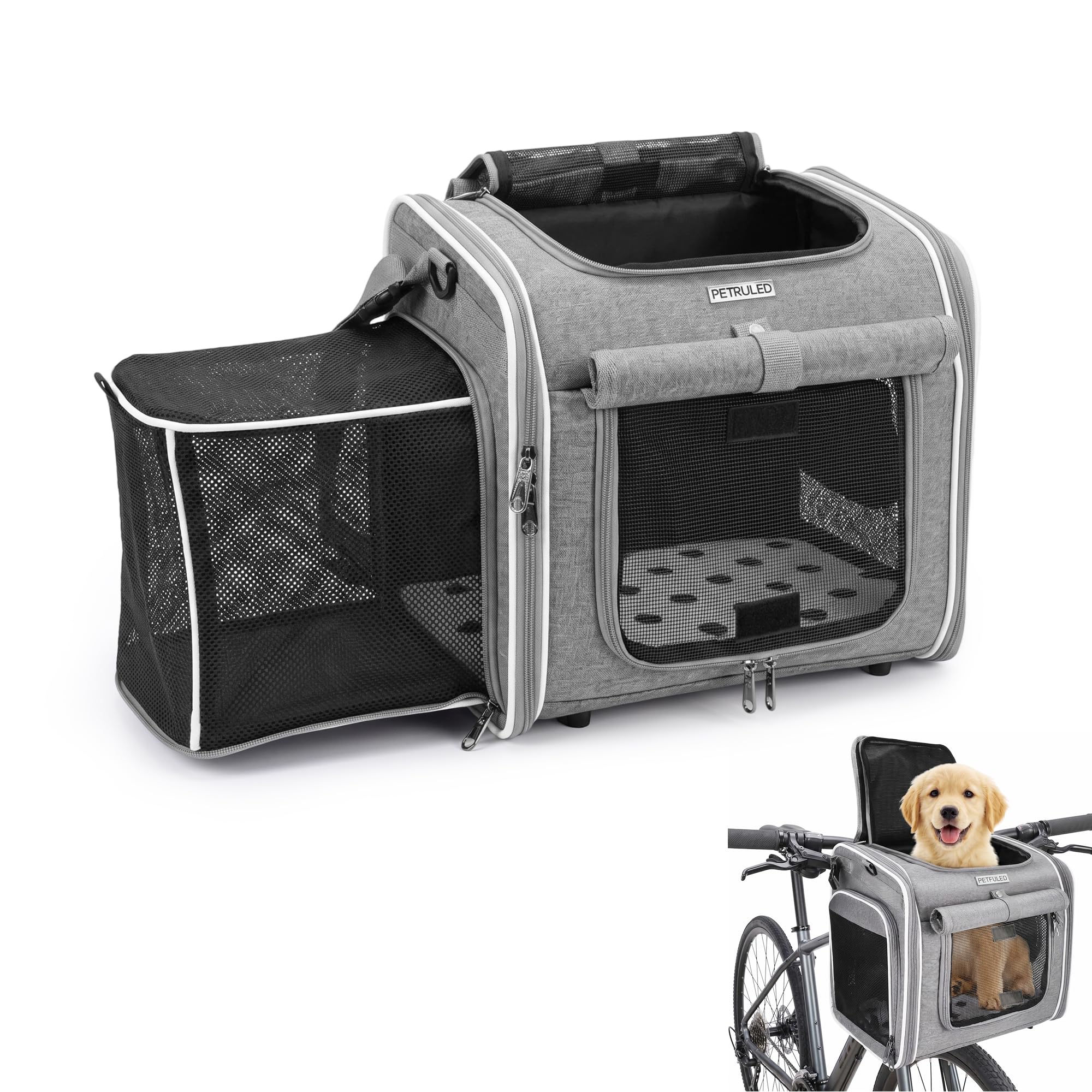 Hundefahrradkorb, Erweiterbarer, Weicher Fahrradtransportrucksack mit 4 Mesh-Fenster, 4 Offenen Türen für Kleine Hundekatzenwelpen