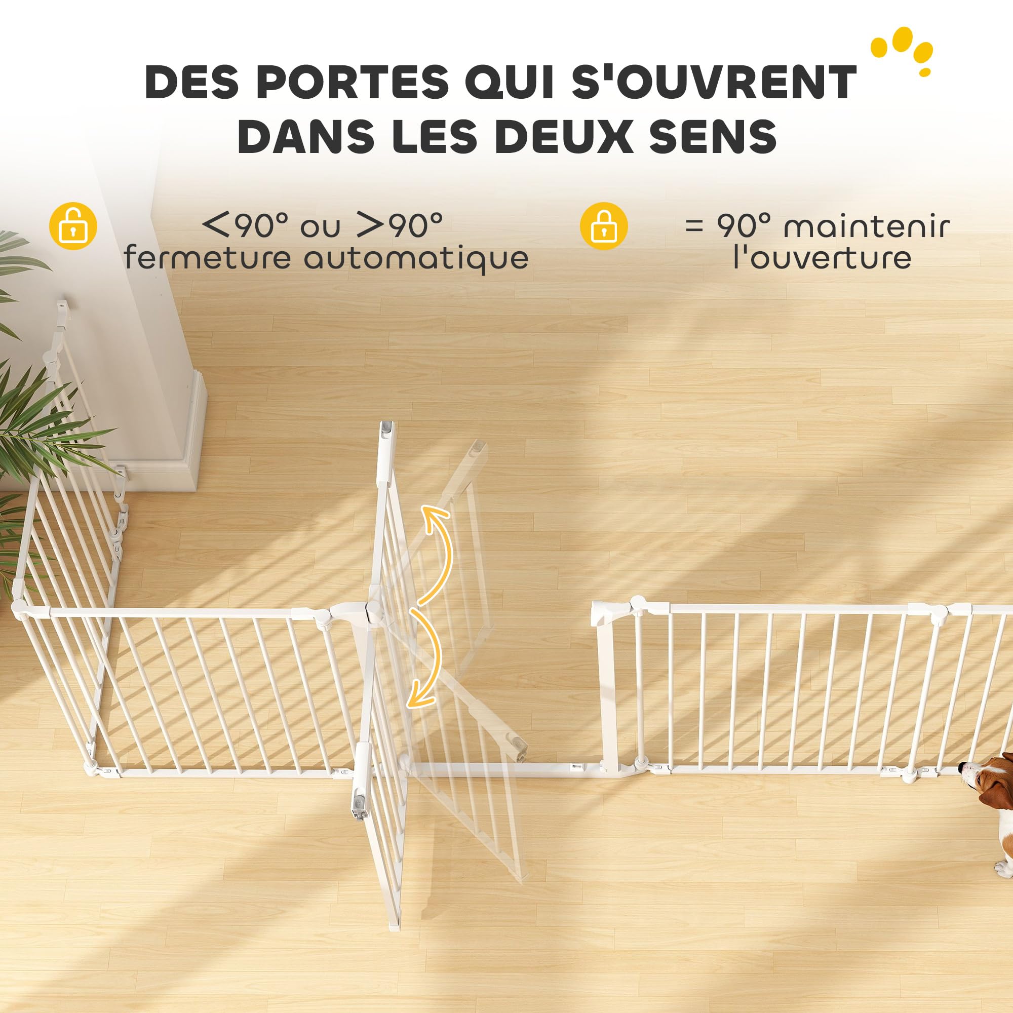 PawHut Barrière de sécurité Pliable et modulable, 366 cm, avec Porte à Double Verrouillage, Parc enclos pour Chien et Enfant, barrière de Protection cheminée en métal, 6 Panneaux, Blanc