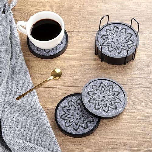 Miniatura 5 de Elegantes posavasos de madera negra con fieltro gris y soporte, juego de 6 posavasos de madera rústica de 4.33 pulgadas para protección de mesa de
