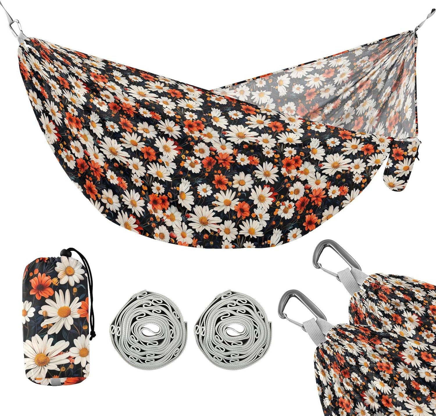 ALAZA Daisy Flowers Floral Camping Hammocks Single or 2 Person 500 lbs Portable Parachute Travel Hammock w/Tree Straps for Hiking Backpacking Indoor Outdoor