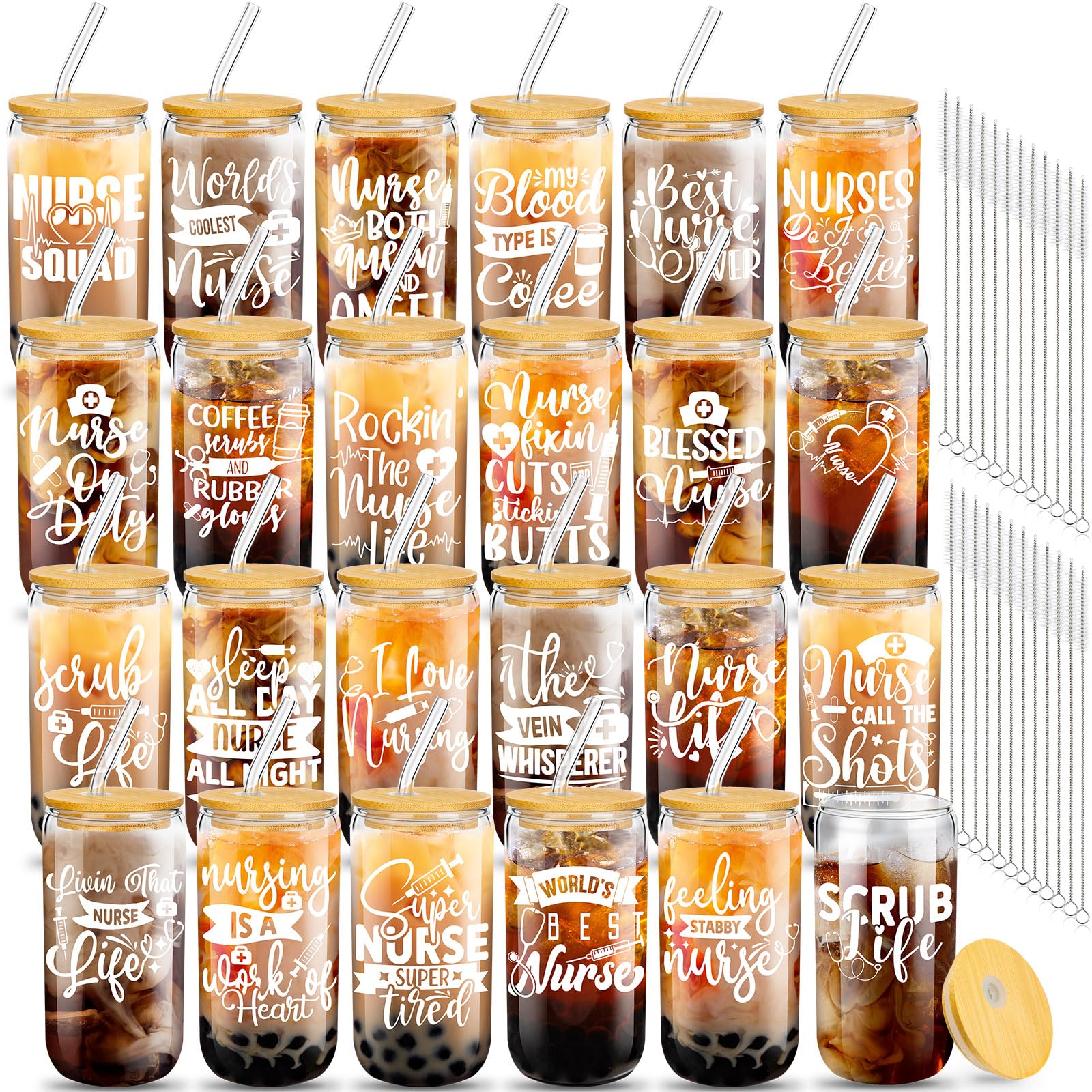 Cadeau amusant pour infirmière : lot de 24 tasses de 473 g avec pailles et brosses