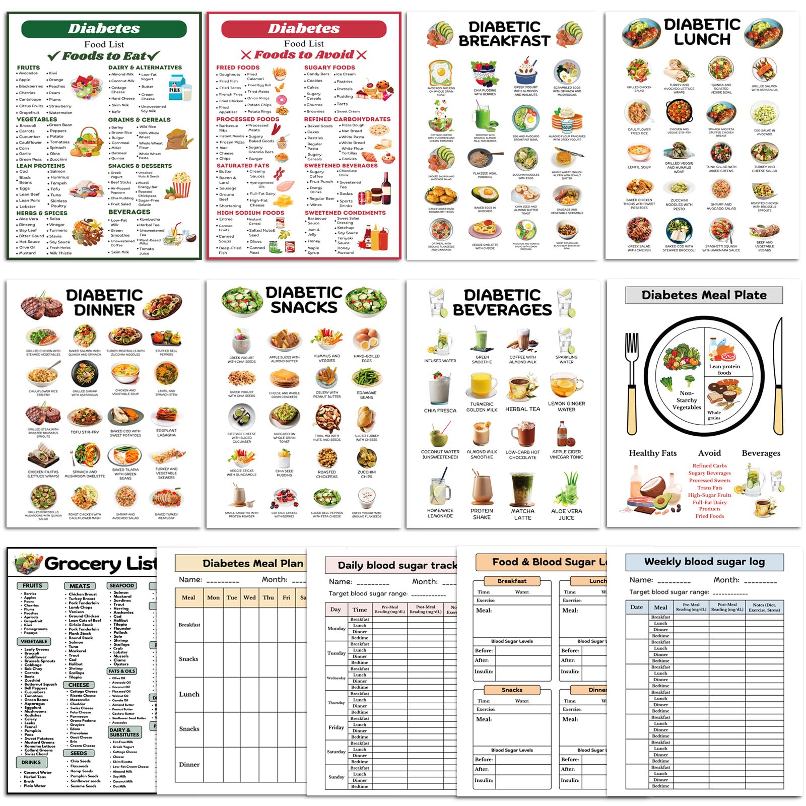 Photo 1 of 13 Pcs Diabetes Food List Chart and Meal Planner for Diabetics, Diabetes Meal Chart Information Diet Plan, Low Carb Foods List for Blood Sugar Control