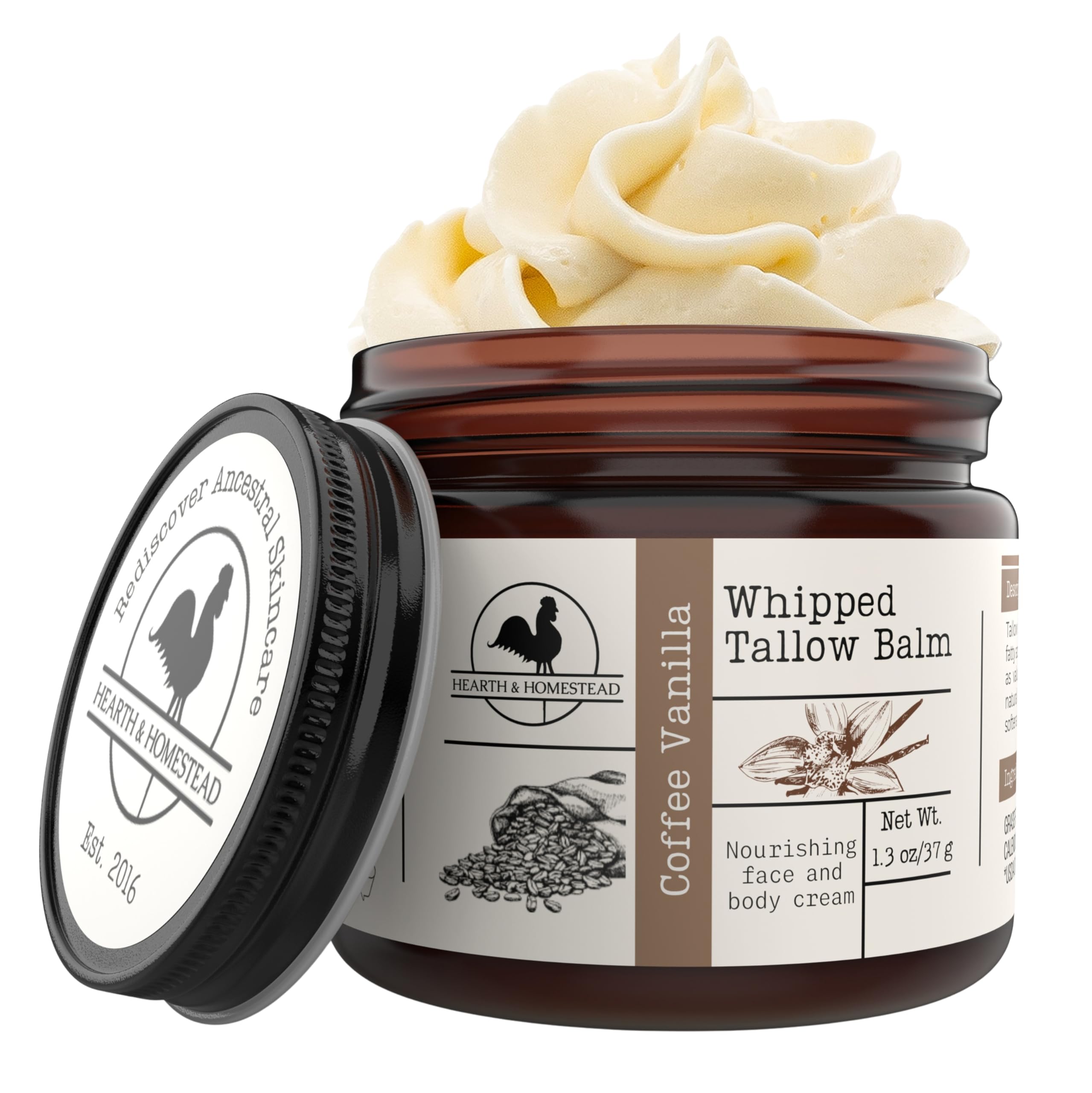 Hearth & Homestead Whipped Beef Tallow for Skin & Face Coffee Vanilla 1.3oz | 100% Grass Fed & Finished, Eczema Cream & Body Butter, Only Organic Ingredients, For Skin & Face