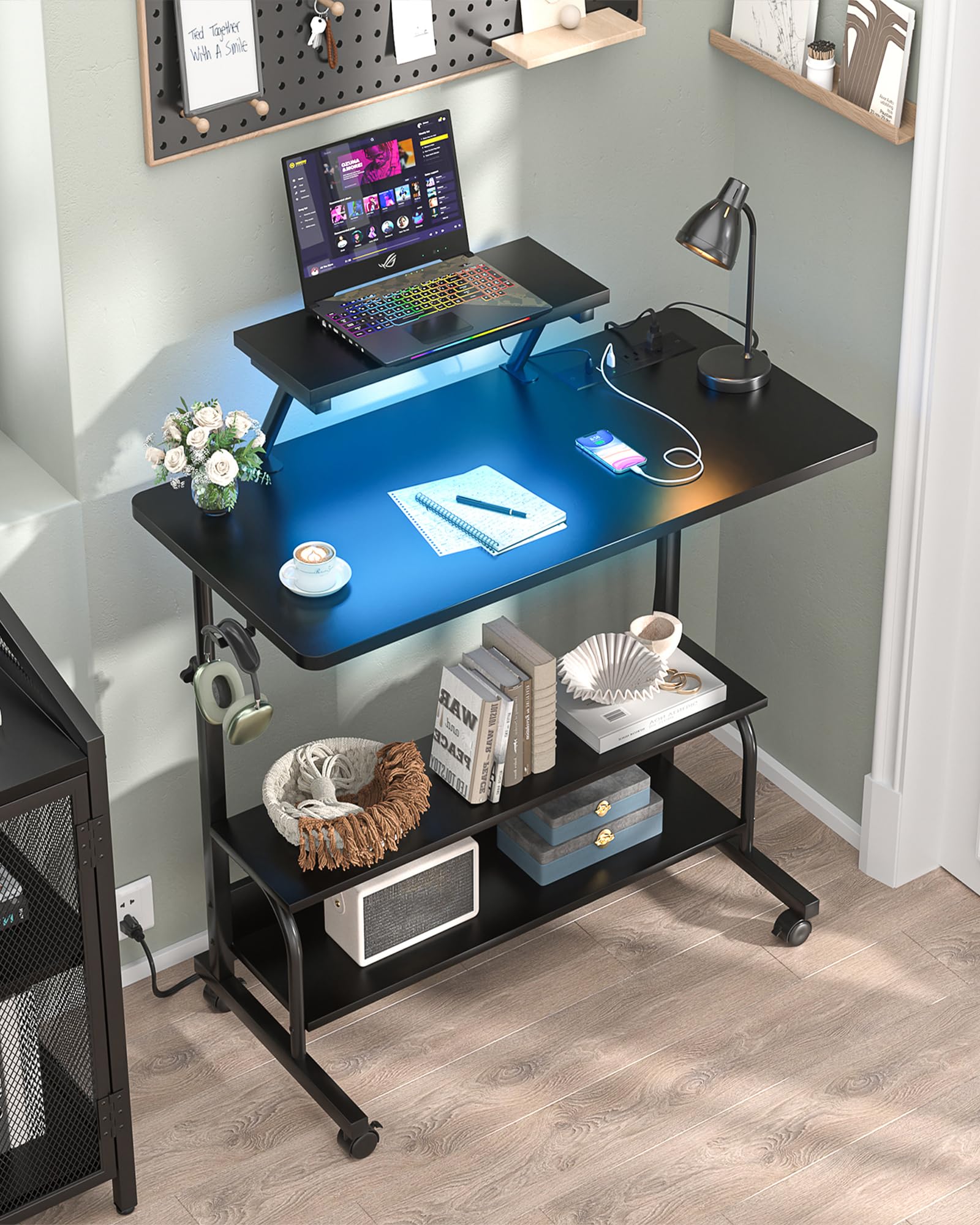 Height Adjustable Standing Desk with Power Outlets and LED Lights - 32
