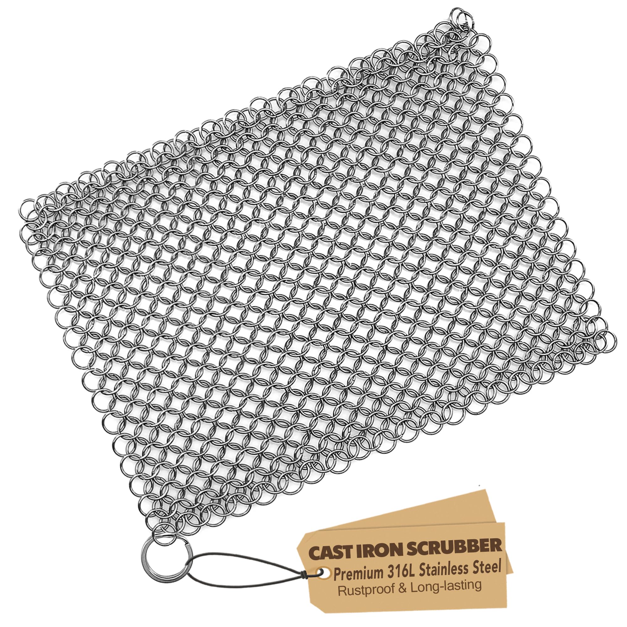 Stainless Steel Cast Iron Skillet Cleaner Chainmail Cleaning Scrubber With Hanging Ring for Cast Iron Pan,Pre-Seasoned Pan,Griddle Pans, BBQ Grills and More Pot Cookware-Square 7x7 Inch