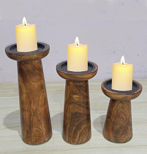 Miniatura 6 de Juego de 3 portavelas de pilar de madera hechos a mano, ideales para velas LED y pilares, regalos para bodas, Navidad, fiestas, hogar, spa, reiki,