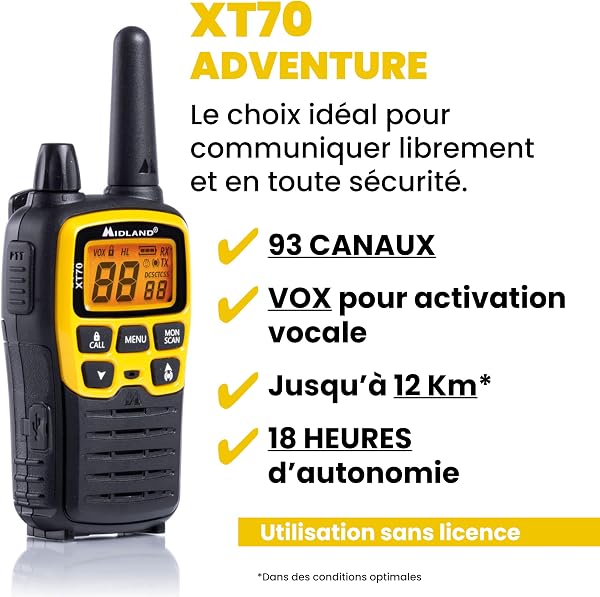 Midland C1180.01 XT70 Adventure Talkie Walkie - Émetteur-Récepteur Radio Pro Bi-bande à Recharge Rapide - Jaune - 69 LPD et 24 PMR446, 12 km, 38 Tonalités et 83 Codes - Lot de 2 Émetteurs-Récepteurs - 3