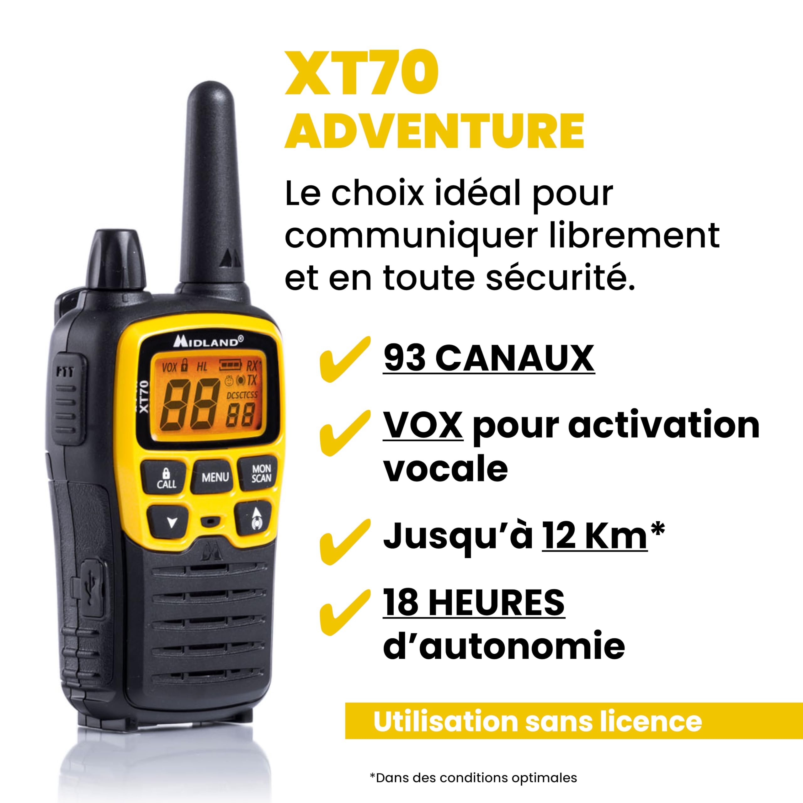 Midland C1180.01 XT70 Adventure Talkie Walkie - Émetteur-Récepteur Radio Pro Bi-bande à Recharge Rapide - Jaune - 69 LPD et 24 PMR446, 12 km, 38 Tonalités et 83 Codes - Lot de 2 Émetteurs-Récepteurs - 3