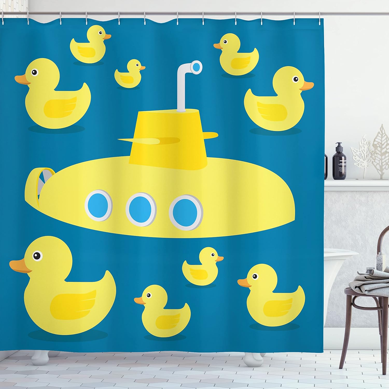 Ambesonne Rubber Duck Shower Curtain, Duckies Swimming in The Sea a Submarine Party Nautical Print, Cloth Fabric Bathroom Decor Set with Hooks, 69" W x 84" L, Navy Blue