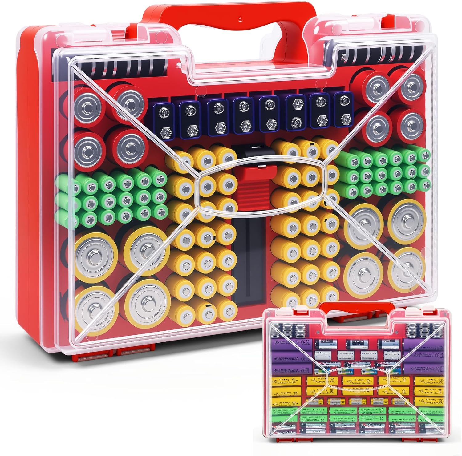 Battery Organizer Storage Case with Tester, Stores 185+ Batteries, Double-Sided with Clear Locking Lid - Red