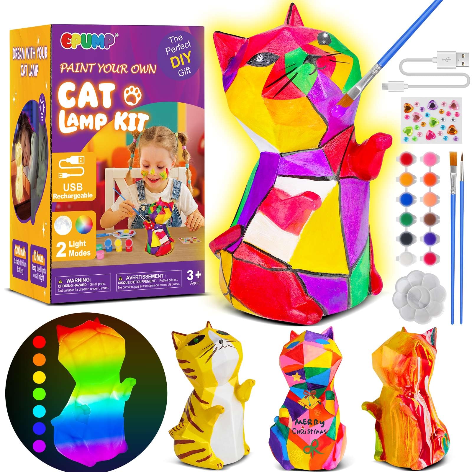 EPUMP Luce Notturna a Forma di Gatto Ricaricabile (1200 mAh) con 2 Modalità di Luce – Kit Creativo DIY da Dipingere, Gioco da Pittura e Regalo per Bambini da 5 a 12 Anni