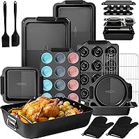 Kikcoin 25-Piece Stackable Non-Stick Baking Pans Set with Silicone Handles, 450°F Oven Safe Bakeware, Black