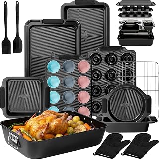 Kikcoin 25-Piece Stackable Non-Stick Baking Pans Set with Silicone Handles, 450°F Oven Safe Bakeware, Black