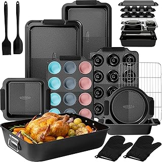 Kikcoin 25 PCS Stackable Baking Pans Set, Non-stick Bakeware Sets with Silicone Handles, 450°F