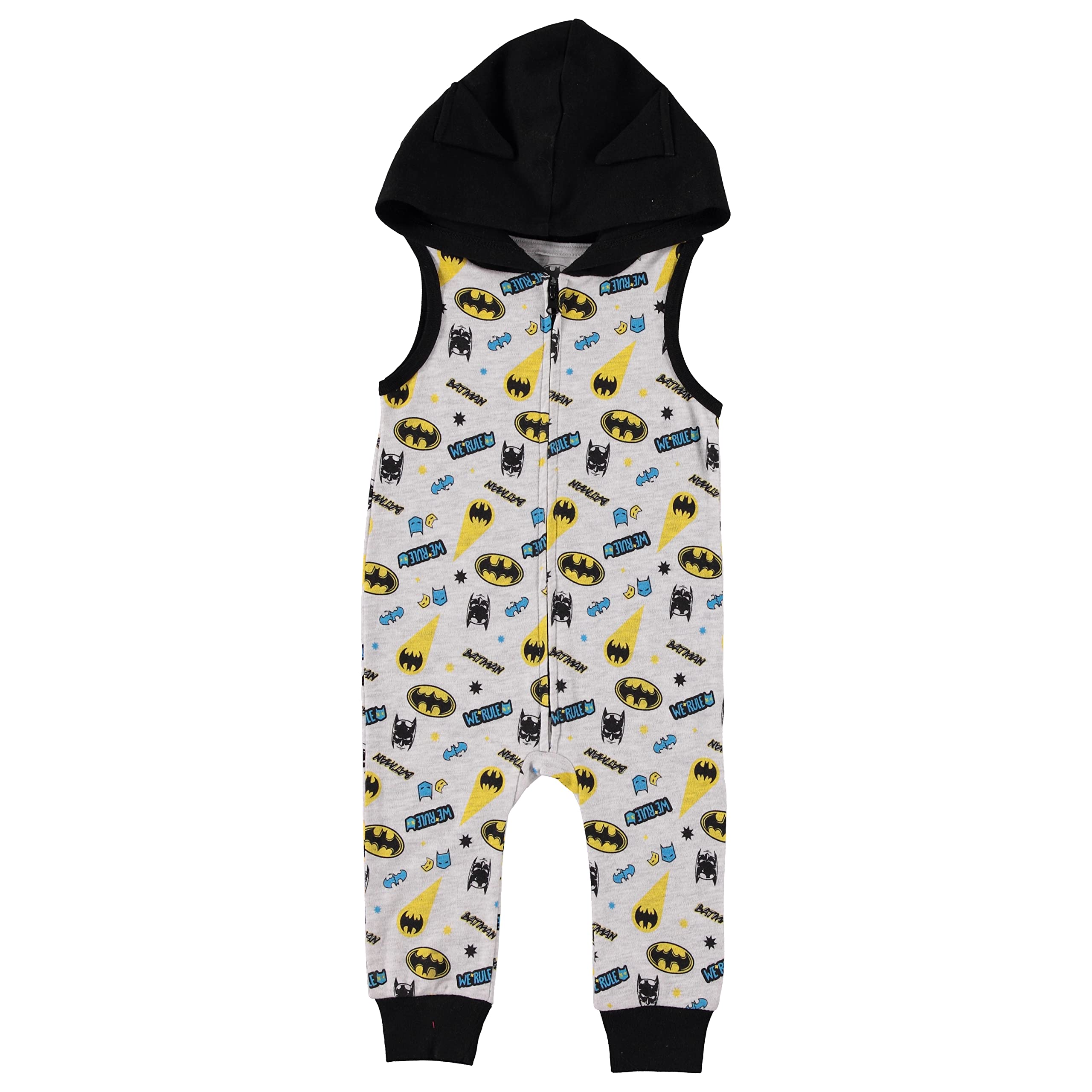 DC Comics Batman Baby Boys' Zipper Romper One Piece Bodysuit with Hoodie - Infant Sleep and Play Pajama (Blue/Grey/Yellow, 0-3 Months)