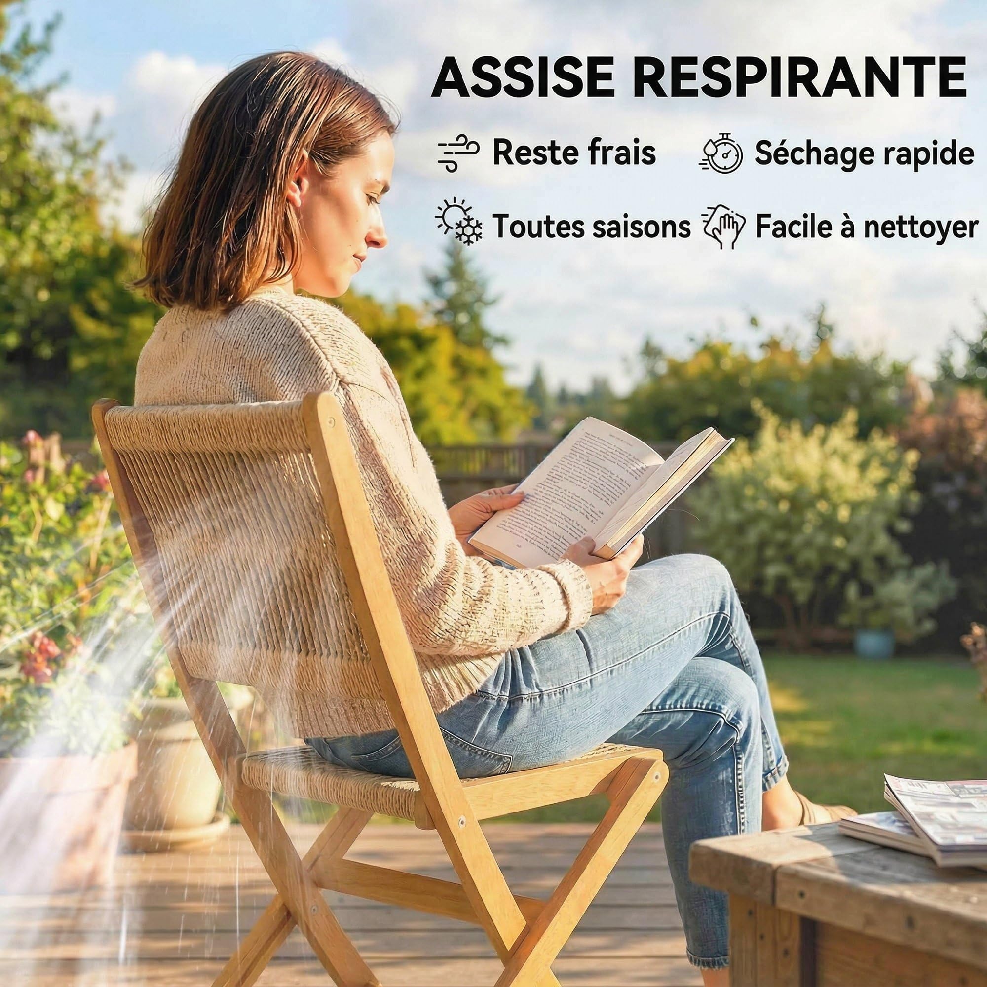 Outsunny Lot de 2 Chaises de Jardin Pliantes en Bois d'Acacia FSC - Chaises de Balcon avec Dossier et Assise en Corde Tressée - Gain de Place, Aucun Assemblage Requis, Charge 160 kg, Naturel et Beige