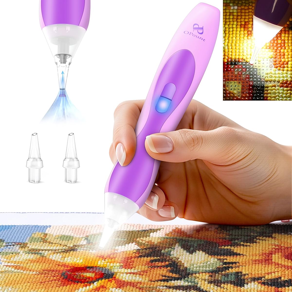 Electric Diamond Art Pens with Light, Quiet Suction Diamond Painting Pen, Wireless & Rechargeable, 3 Brightness Levels, Ergonomic Grip, Extra Tips - Perfect Diamond Art Accessories for Crafters