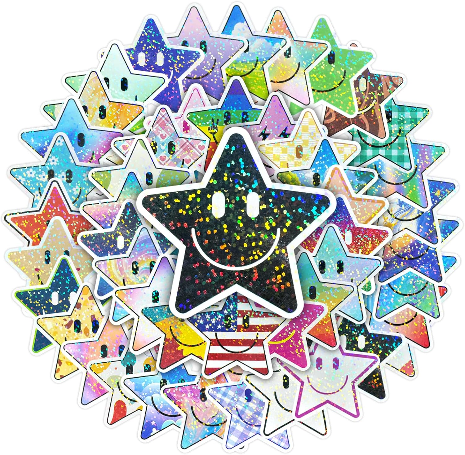 50PCS Smiling Glitter Star Stickers, Cute Water Bottle Stickers for Kids, for Teaching Rewards, Notebooks, Stationery, Luggage, Cartoon PVC Happy Glitter Stickers