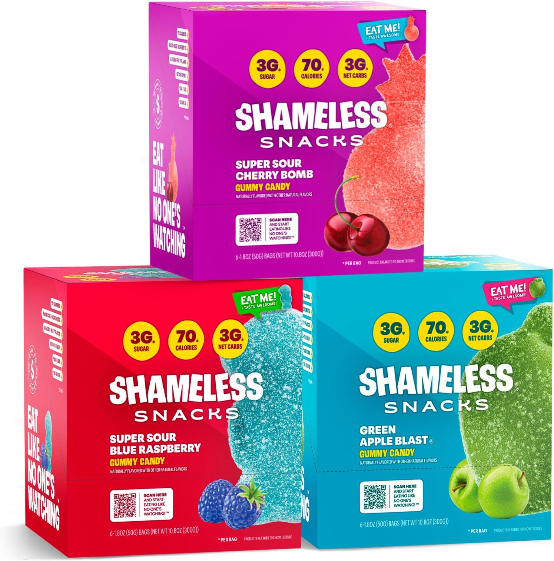 Shameless Snacks Sour Flavors Bundle Healthy Low Carb Keto Gummies Cherry Bomb, Blue Raspberry and Green Apple