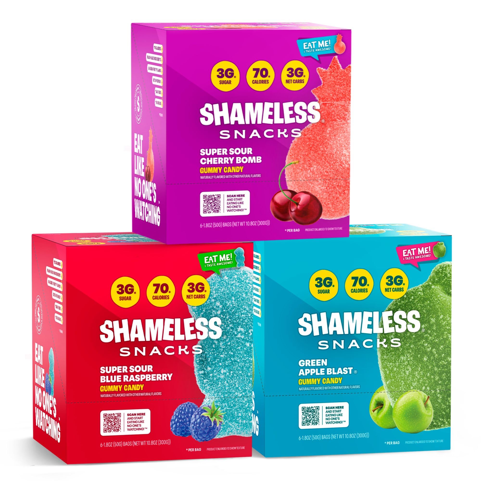 ShamelessSnacks Sour Flavors Bundle Healthy Low Carb Keto Gummies Cherry Bomb, Blue Raspberry and Green Apple