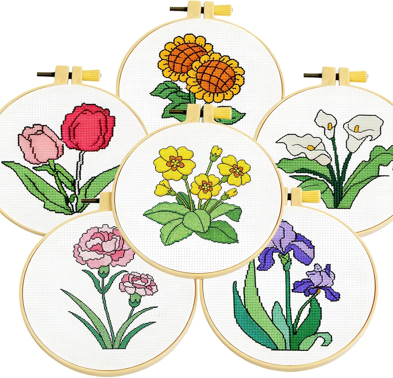 Zhenqing 4 Pack Flower Cross Stitch Kit for Beginners - 11CT Printed White Cotton Fabric 16x16cm with Hoop, Primrose, Carnation, Calla Lily, Iris Designs, Complete Embroidery Supplies(70746)