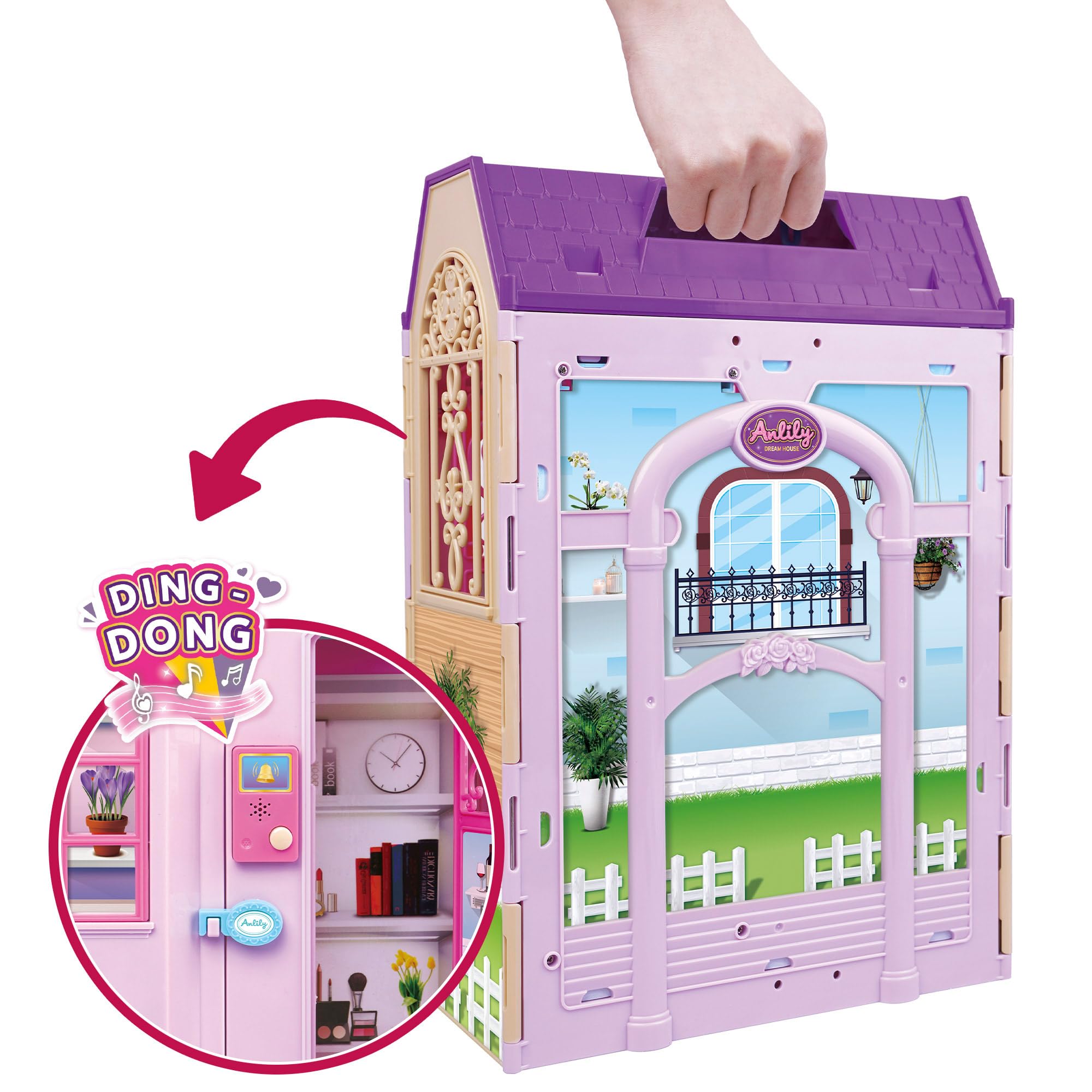 ColorBaby Isabella 39416 Domek dla lalek, 1 piętro, 74 x 37 cm, lalka przegubowa 30 cm, ponad 60 akcesoriów, składana konstrukcja z uchwytem, przenośny dom, zabawki dla dziewczynek w wieku 3 lat
