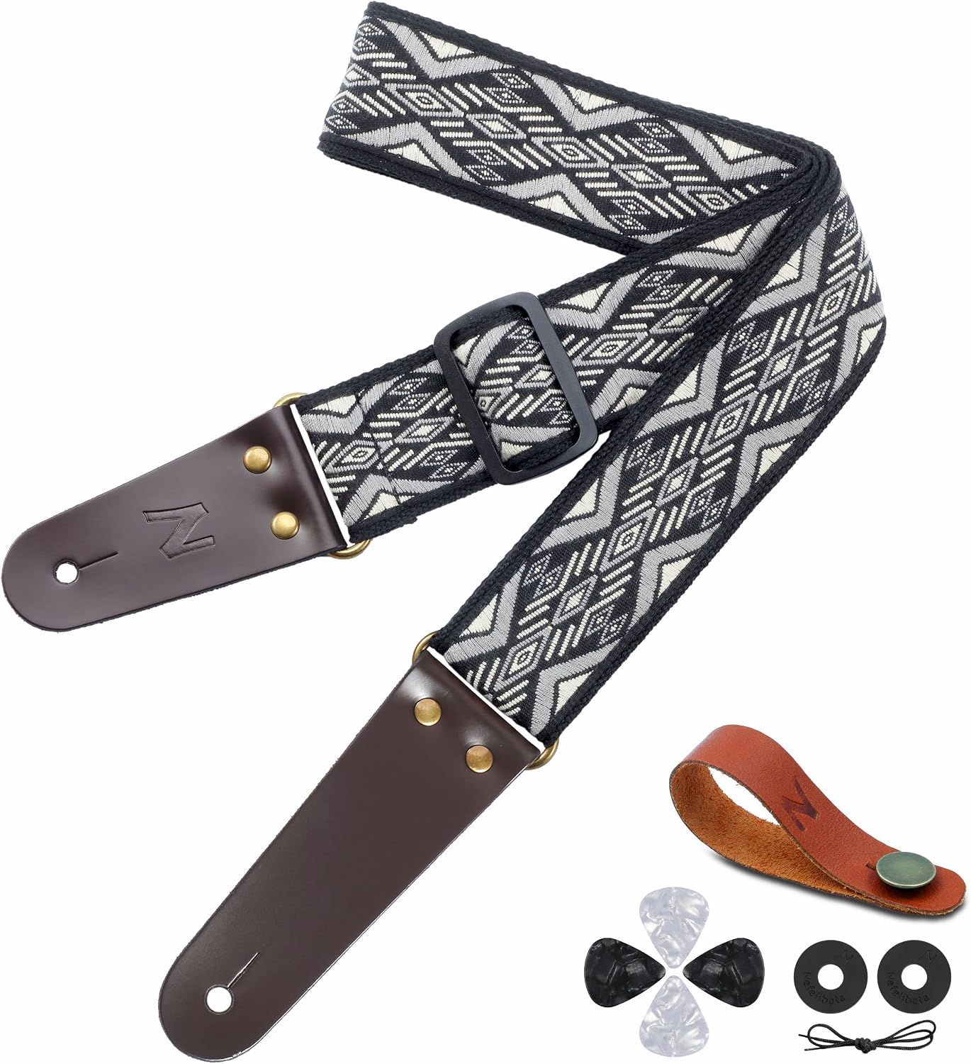 Nefelibata Guitar Strap, Vintage Cotton Guitar Straps with Genuine Leather Ends for Bass, Electric & Acoustic Guitars, Come with Free Strap Button, 1 Pair Strap Locks and 4 Guitar Picks