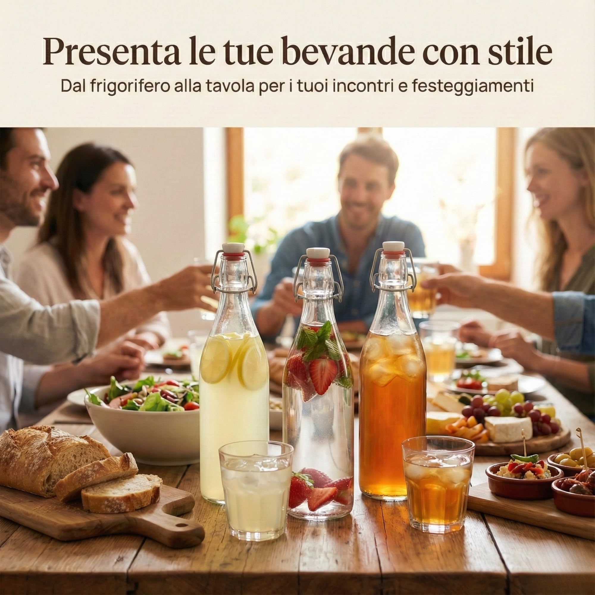 myFERMENTS Kit 6 Bottiglie Vetro 750ml con Tappo Meccanico Ermetico | Set Completo per Fermentazione Birra Liquori Kombucha | Imbuto 10cm, Panno Mussola 50x50cm, Vetro Trasparente