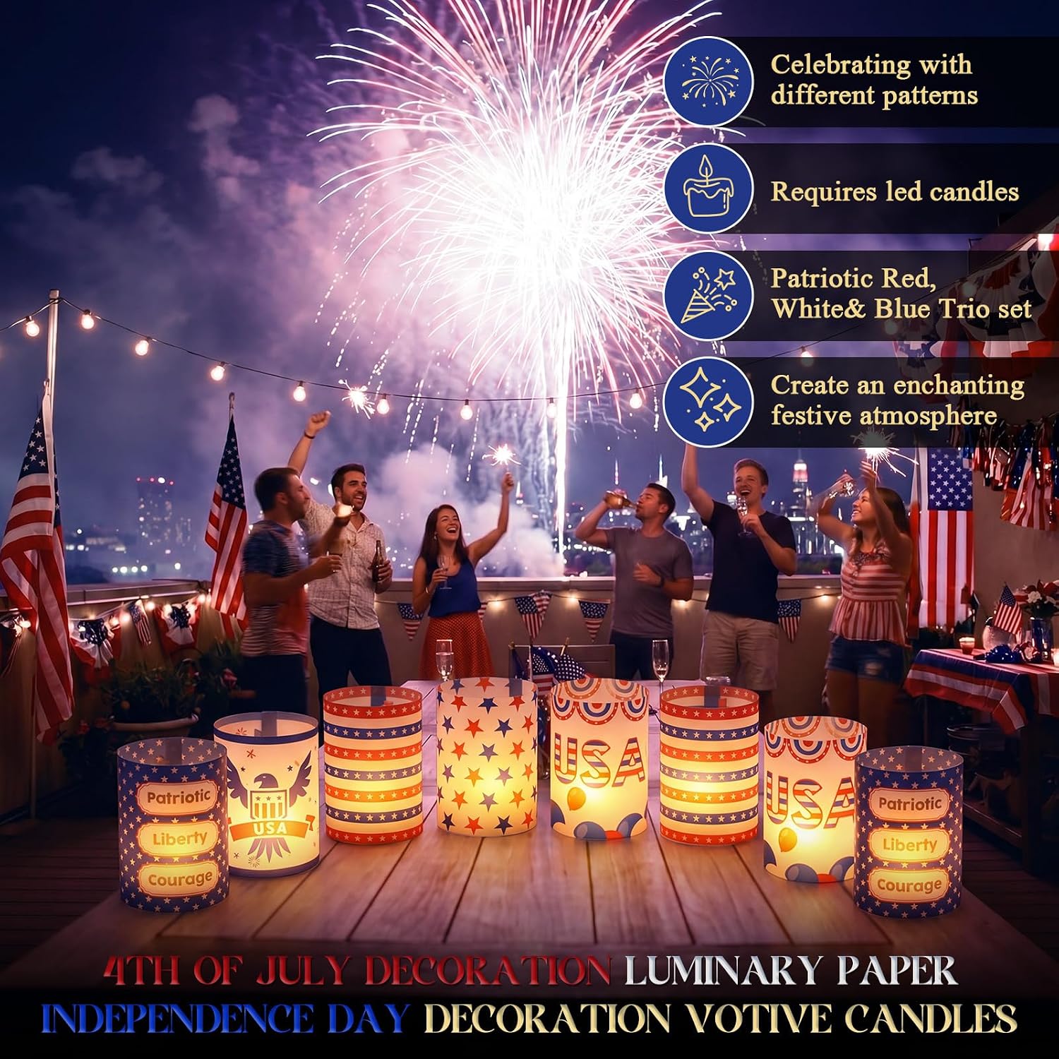 Tuanse 24 Pcs 4th of July Candles Decorations Luminary Paper Patriotic 250 Th Anniversary Independence Day Candles Decoration Paper Lampshade for Veterans Day Flag Sparklers Activities