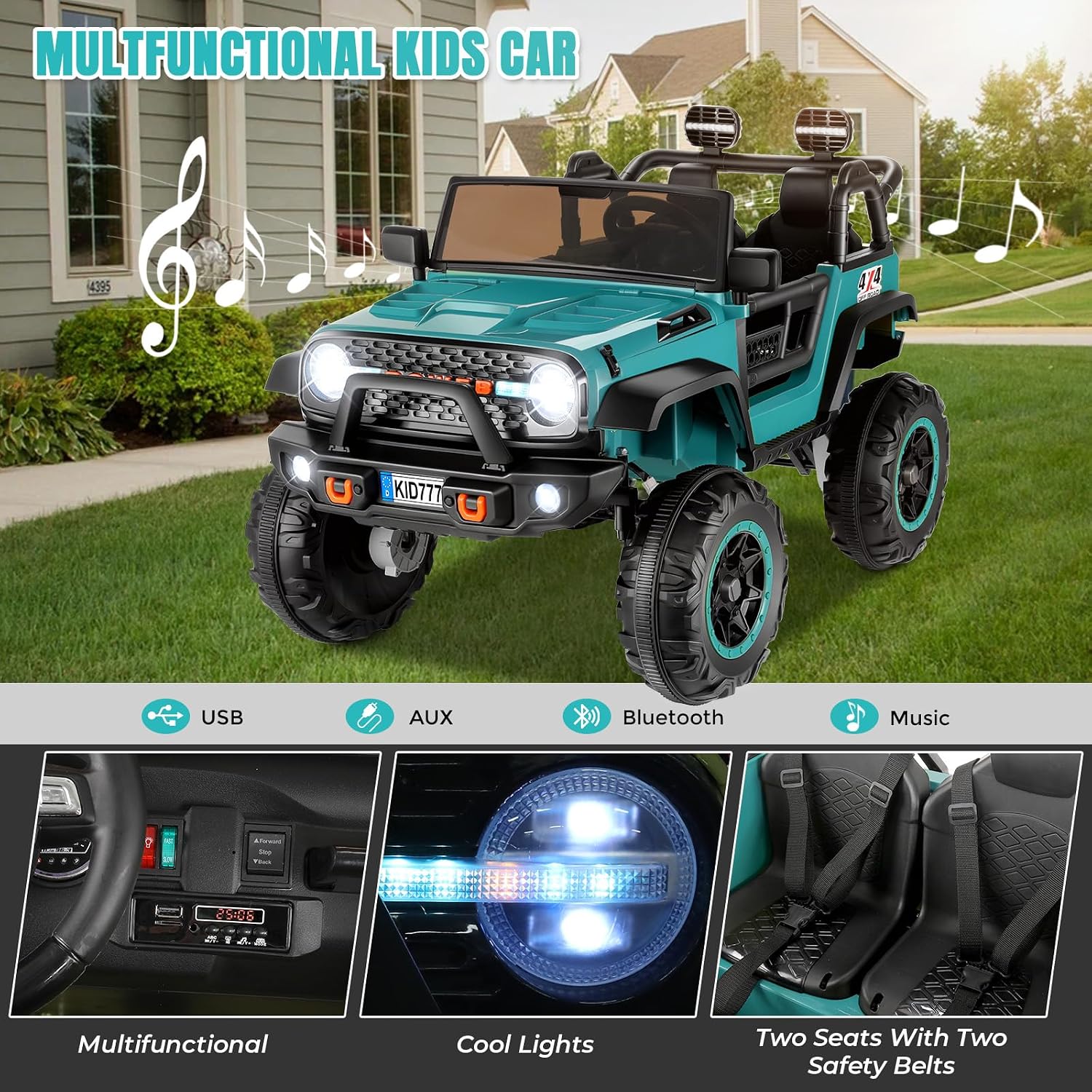 Hikole 24V Ride on Car for Kids,2 Seater Electric Truck with Remote Control, 4x100W Powerful Engine, 4WD/2WD Switchable, LED Headlight & Music Player, Battery Powered Ride on Toys for Boys Girls, Teal