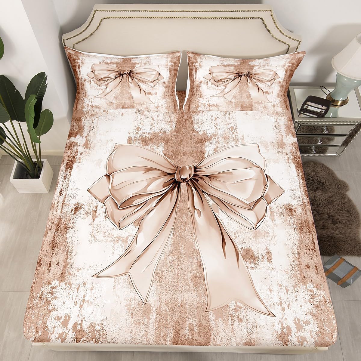 Erosebridal Bowknot Fitted Sheet Full Size,Fantasy Modern Abstract Watercolor Bed Sheets,Oil Painting Style Sheets Bowknot Room Decor with Deep Pocket,Country Wooden Bedding Set with 2 Pillow Cases