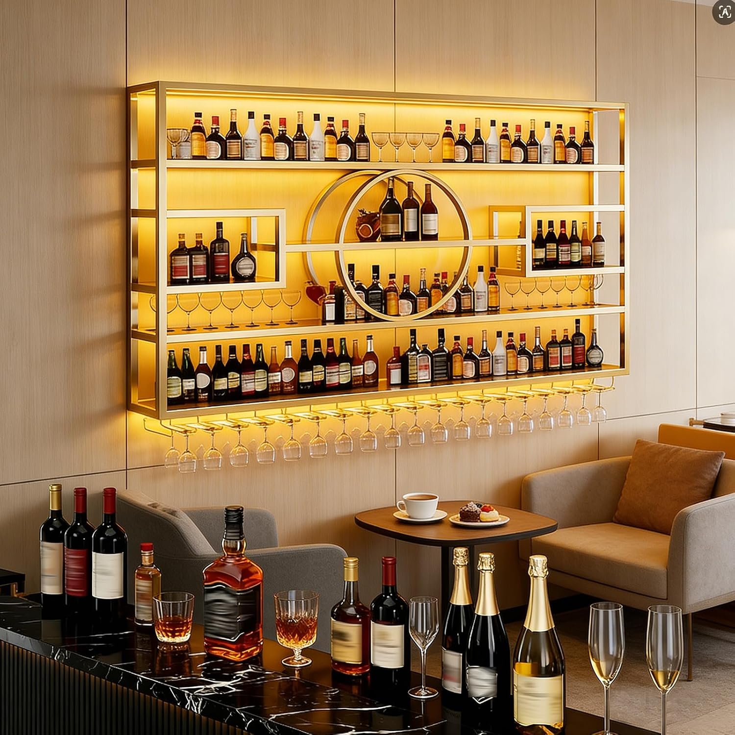 Wall Mounted Wine Rack, Modern Industrial Hanging Liquor Bottles Shelves with Wine Glass Holder, Metal Floating Wine Storage Display Shelf, for Bar, Kitchen, Wine Cellar (Gold, 63in/160cm)