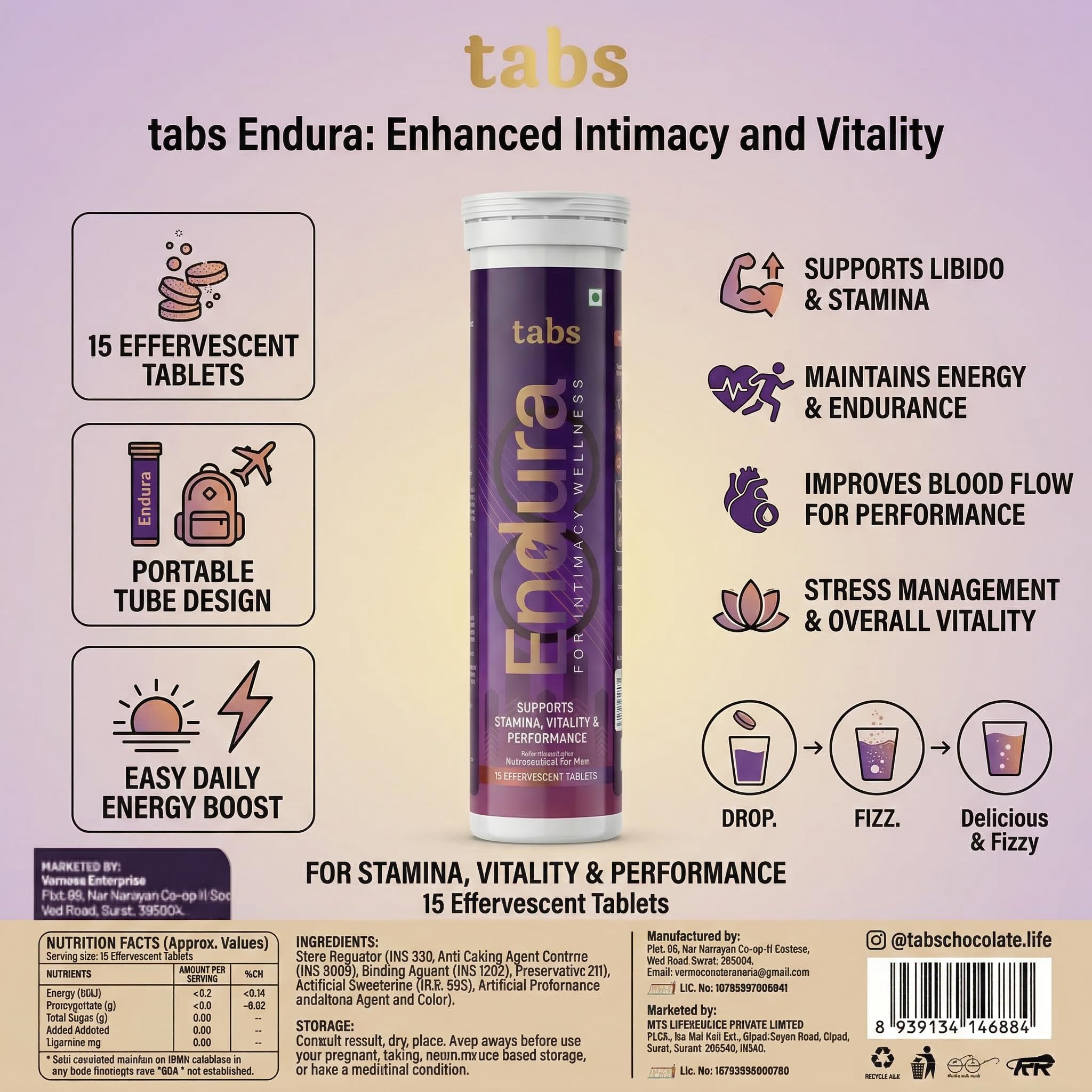 Tabs Endura Effervescent Tablets for Men | Stamina, Vitality & Performance Support | Fast Dissolving Energy Tablets | Portable Tube | Delicious Flavour | 15 Effervescent Tablets — Amazon image 5